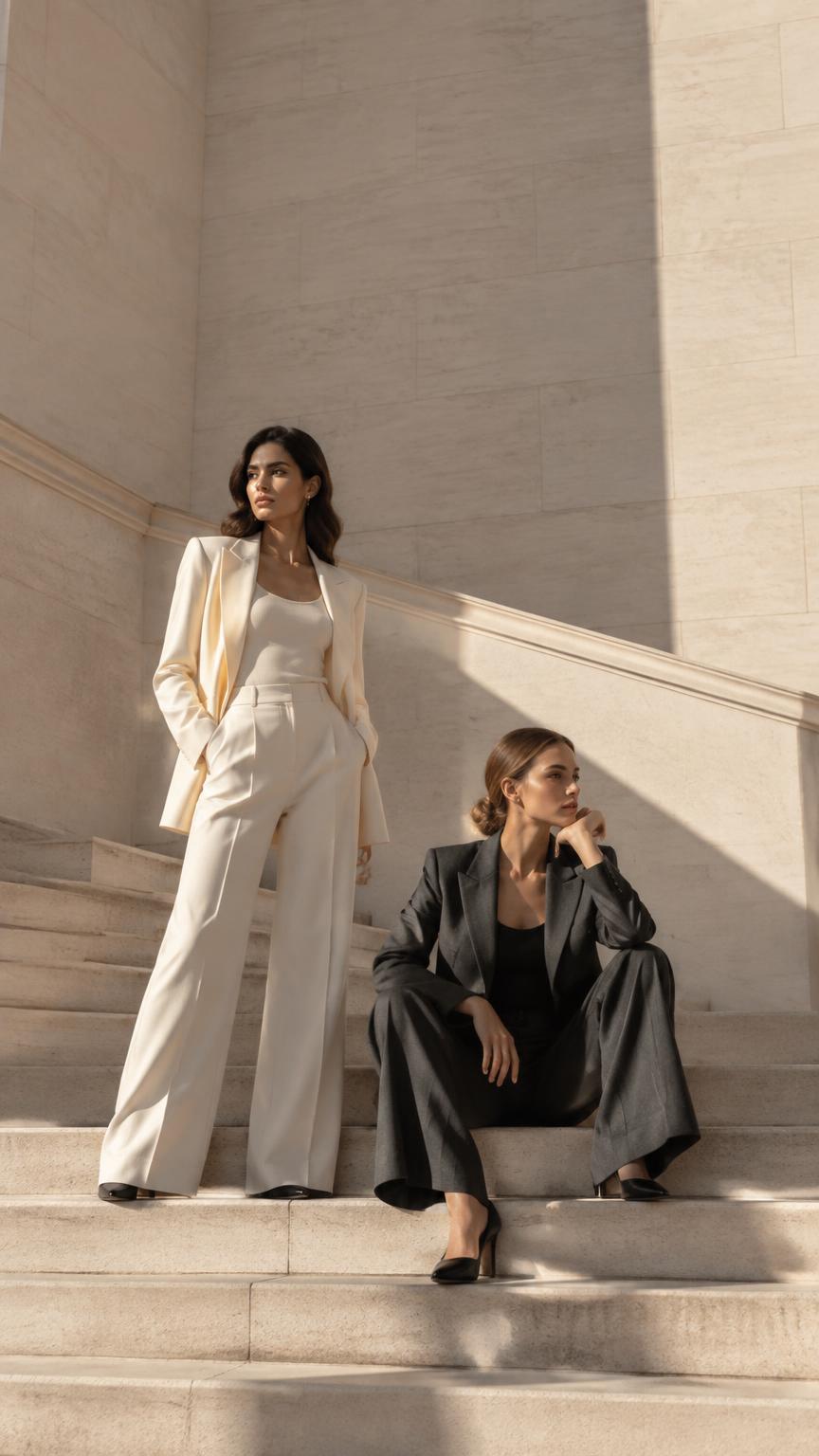 Duas pessoas com looks da nova coleção em ambiente de pedra clara